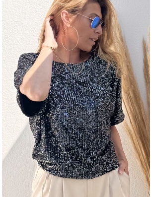 Top sequins Molly bracken, manches courtes, dos ouvert, MW125CH