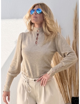 Pull fantaisie beige Molly Bracken, col montant ajouré, référence LA1619CN