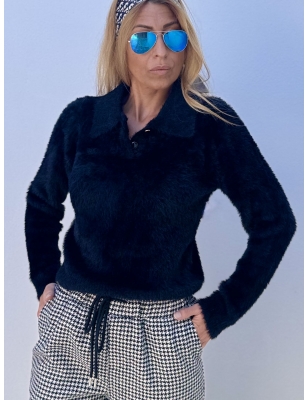 Pull polo noir, maille duveteuse, lili sidonio pour molly bracken, référence LAL505CH