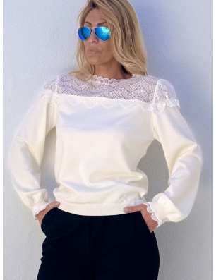 Pull fantaisie blanc cassé, maille pointelle Molly Bracken, détails de dentelle, référence LA1613CN