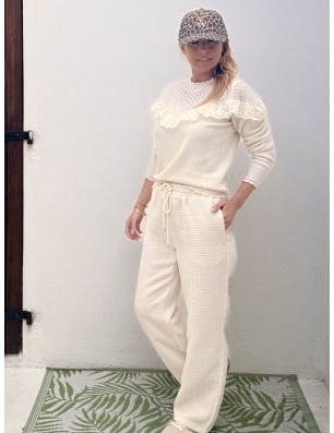 Pantalon décontracté blanc, style jogger, tweed gris léger, Lili Sidonio pour Molly Bracken, référence PL262CH