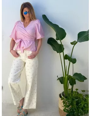 blouse chemise forme cache-coeur, coloris rose tendre avec rayures blanches, 60% coton, manches ballons - Référence : T1989DP