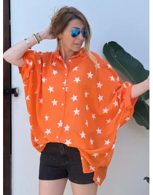 Chemise oversize et longue, orange, voile de coton, motif étoiles, manches 3/4- Référence : Candelaria
