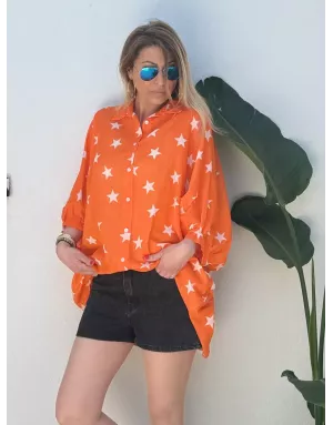 Chemise oversize et longue, orange, voile de coton, motif étoiles, manches 3/4- Référence : Candelaria