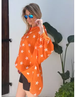 Chemise oversize et longue, orange, voile de coton, motif étoiles, manches 3/4- Référence : Candelaria