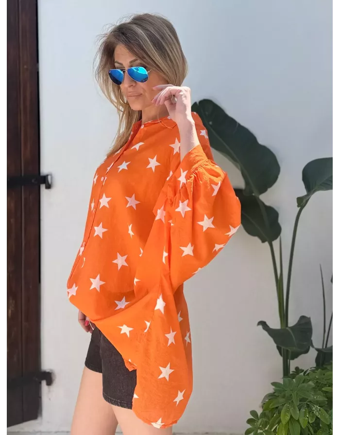 Chemise oversize et longue, orange, voile de coton, motif étoiles, manches 3/4- Référence : Candelaria