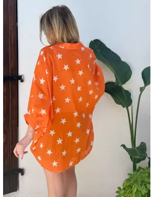 Chemise oversize et longue, orange, voile de coton, motif étoiles, manches 3/4- Référence : Candelaria