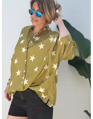 Chemise oversize et longue, kaki, voile de coton, motif étoiles, manches 3/4- Référence : Candelaria