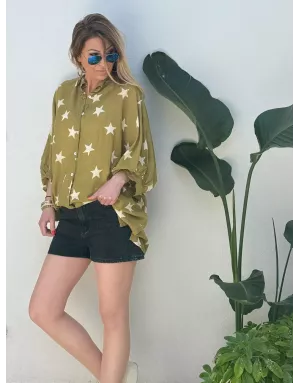 Chemise oversize et longue, kaki, voile de coton, motif étoiles, manches 3/4- Référence : Candelaria