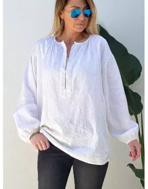 Blouse oversize, blanche, 100% coton, fines broderies motif cachemire, manches longues- Référence : Sardina