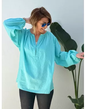 Blouse oversize, turquoise 100% coton, fines broderies motif cachemire, manches longues- Référence : Sardina