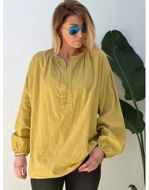 Blouse oversize, moutarde, 100% coton, fines broderies motif cachemire, manches longues- Référence : Sardina