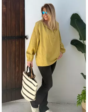 Blouse oversize, moutarde, 100% coton, fines broderies motif cachemire, manches longues- Référence : Sardina
