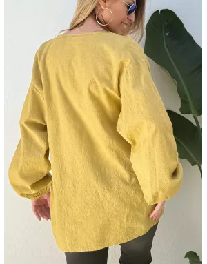 Blouse oversize, moutarde, 100% coton, fines broderies motif cachemire, manches longues- Référence : Sardina