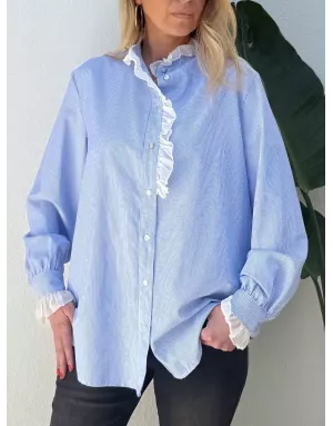 Chemise à fines rayures, 100% coton, petit col jabot, manches longues- Référence : Fungo