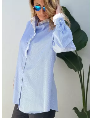 Chemise à fines rayures, 100% coton, petit col jabot, manches longues- Référence : Fungo