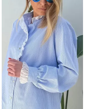 Chemise à fines rayures, 100% coton, petit col jabot, manches longues- Référence : Fungo