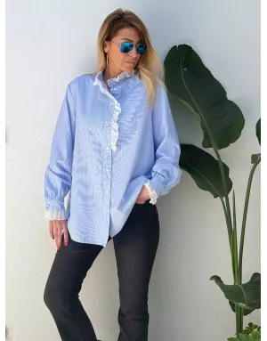 Chemise à fines rayures, 100% coton, petit col jabot, manches longues- Référence : Fungo