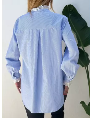 Chemise à fines rayures, 100% coton, petit col jabot, manches longues- Référence : Fungo