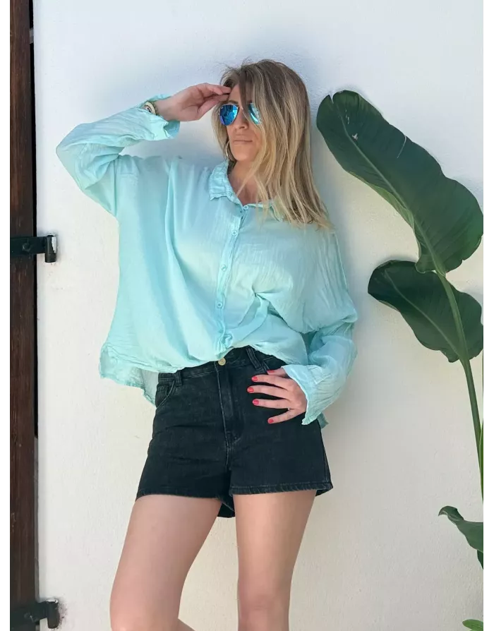 Chemise turquoise en coton froissé, banditas from Marseille, référence : agata