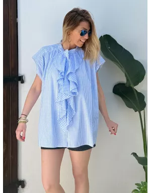 Chemise rayée, 100% coton, col jabot vichy, sans manches - Référence : Sunbury