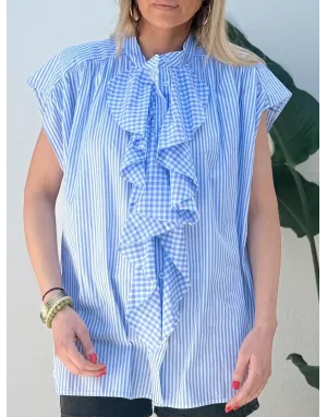 Chemise rayée, 100% coton, col jabot vichy, sans manches - Référence : Sunbury