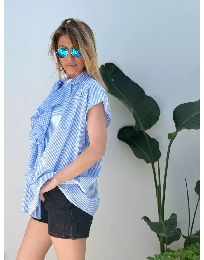 Chemise rayée, 100% coton, col jabot vichy, sans manches - Référence : Sunbury