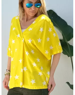 Top oversize, jaune, 100% viscose, motif étoiles, manches courtes- Référence : Chandler