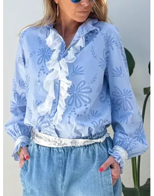 Chemise fantaisie, 100% coton, col festonné avec inspiration jabot, manches longues- Référence : Costa