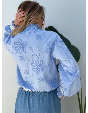 Chemise fantaisie, 100% coton, col festonné avec inspiration jabot, manches longues- Référence : Costa