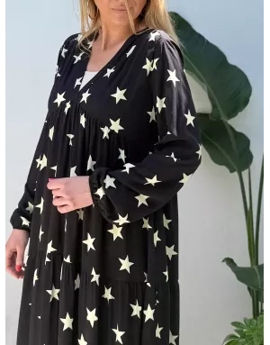 Robe longue fantaisie, coloris noir, 100% viscose, imprimé étoiles, manches longues- Référence : star