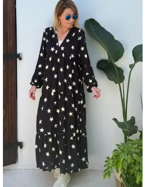 Robe longue fantaisie, coloris noir, 100% viscose, imprimé étoiles, manches longues- Référence : star