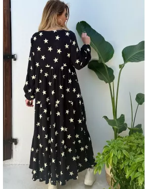 Robe longue fantaisie, coloris noir, 100% viscose, imprimé étoiles, manches longues- Référence : star