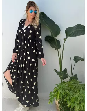 Robe longue fantaisie, coloris noir, 100% viscose, imprimé étoiles, manches longues- Référence : star