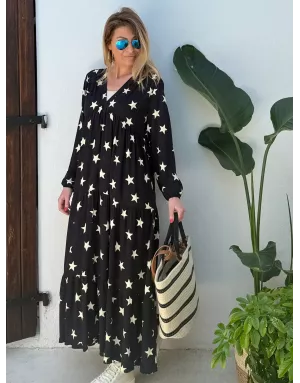 Robe longue fantaisie, coloris noir, 100% viscose, imprimé étoiles, manches longues- Référence : star
