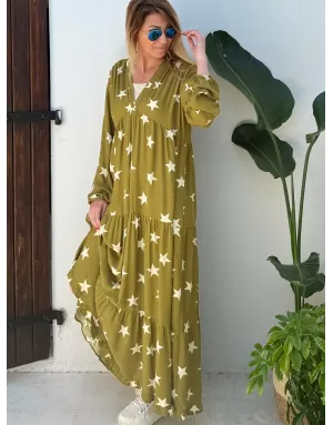 Robe longue fantaisie, coloris kaki, 100% viscose, imprimé étoiles, manches longues- Référence : star