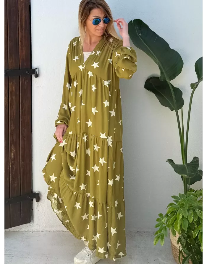 Robe longue fantaisie, coloris kaki, 100% viscose, imprimé étoiles, manches longues- Référence : star