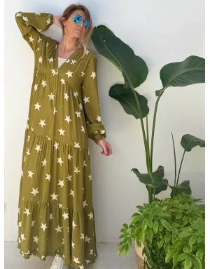 Robe longue fantaisie, coloris kaki, 100% viscose, imprimé étoiles, manches longues- Référence : star