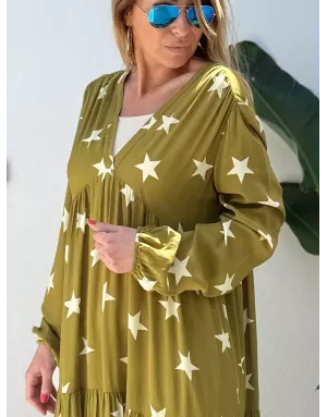 Robe longue fantaisie, coloris kaki, 100% viscose, imprimé étoiles, manches longues- Référence : star