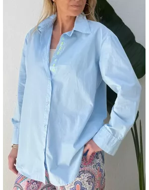 Chemise masculine, broderie LOVE YOU, coloris bleu, 100% coton, manches longues- Référence : Wellton