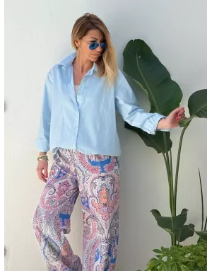 Chemise masculine, broderie LOVE YOU, coloris bleu, 100% coton, manches longues- Référence : Wellton