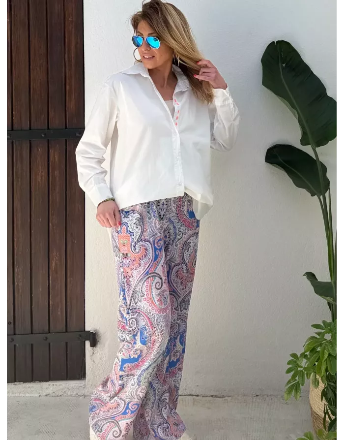 Chemise masculine, broderie LOVE YOU, coloris blanc, 100% coton, manches longues- Référence : Wellton