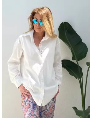 Chemise masculine, broderie LOVE YOU, coloris blanc, 100% coton, manches longues- Référence : Wellton