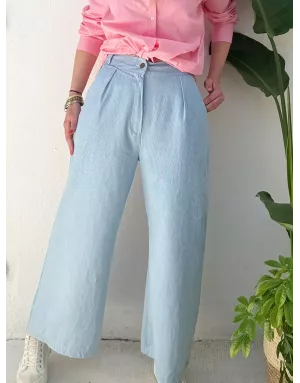 Pantalon large en toile, fines rayures, message "life", 100% coton- Référence : Rossana
