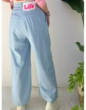 Pantalon large en toile, fines rayures, message "life", 100% coton- Référence : Rossana