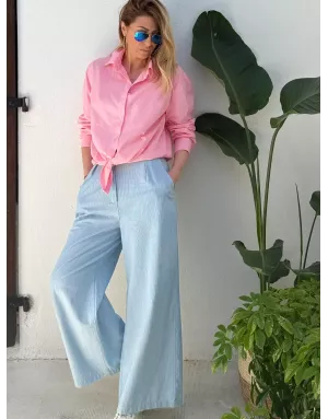 Pantalon large en toile, fines rayures, message "life", 100% coton- Référence : Rossana