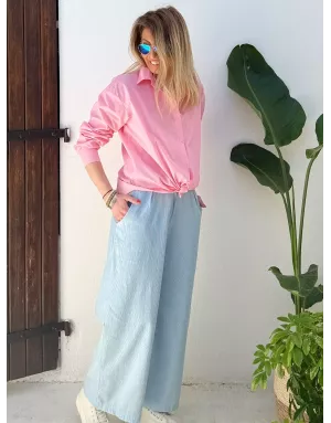 Pantalon large en toile, fines rayures, message "life", 100% coton- Référence : Rossana