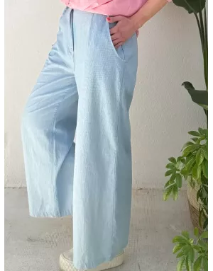 Pantalon large en toile, fines rayures, message "life", 100% coton- Référence : Rossana