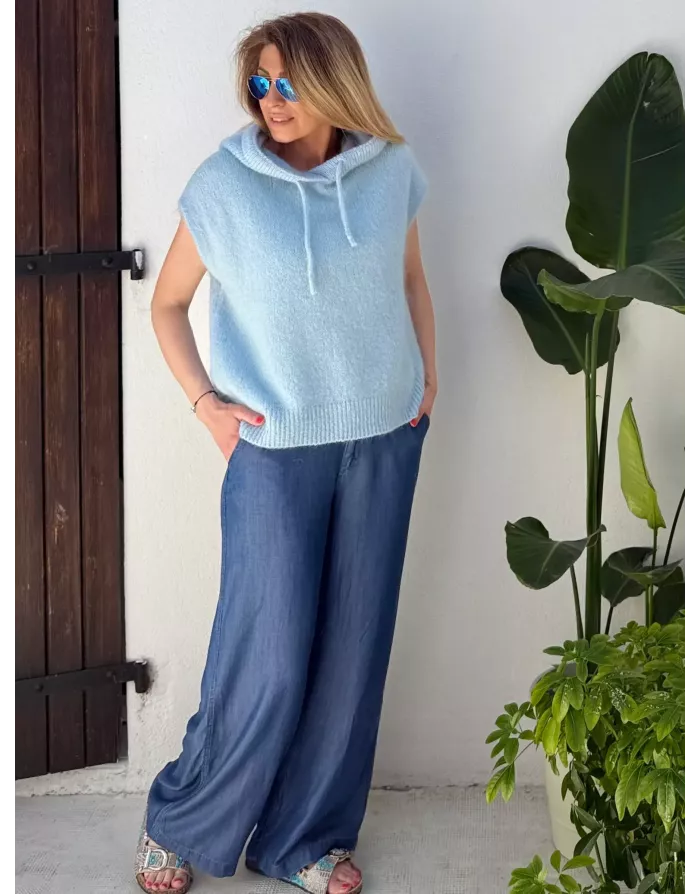 Pull mohair sans manches et capuche, bleu layette - Sélection Samsara