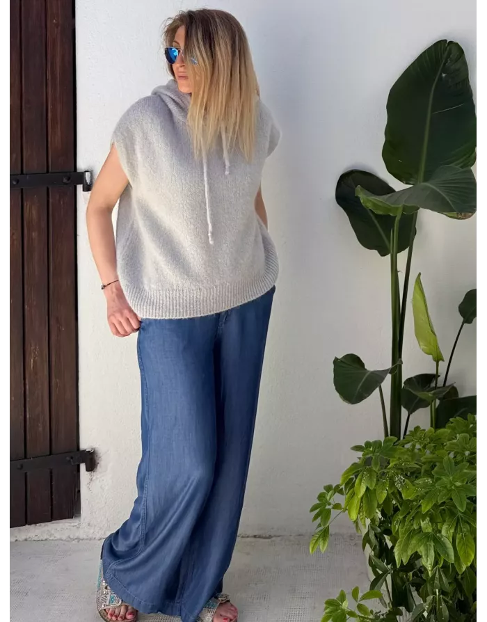 Pull mohair sans manches et capuche, gris perle- Sélection Samsara